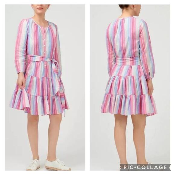 J Crew Veda Pastel Stripe Metallic Thread 100% Cotton Belted Dress Small Pockets - Picture 1 of 13